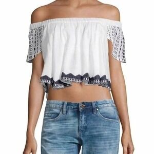 Raga Boho Off Shoulder Crop Top White Navy Geometric Embroidered Anthropologie